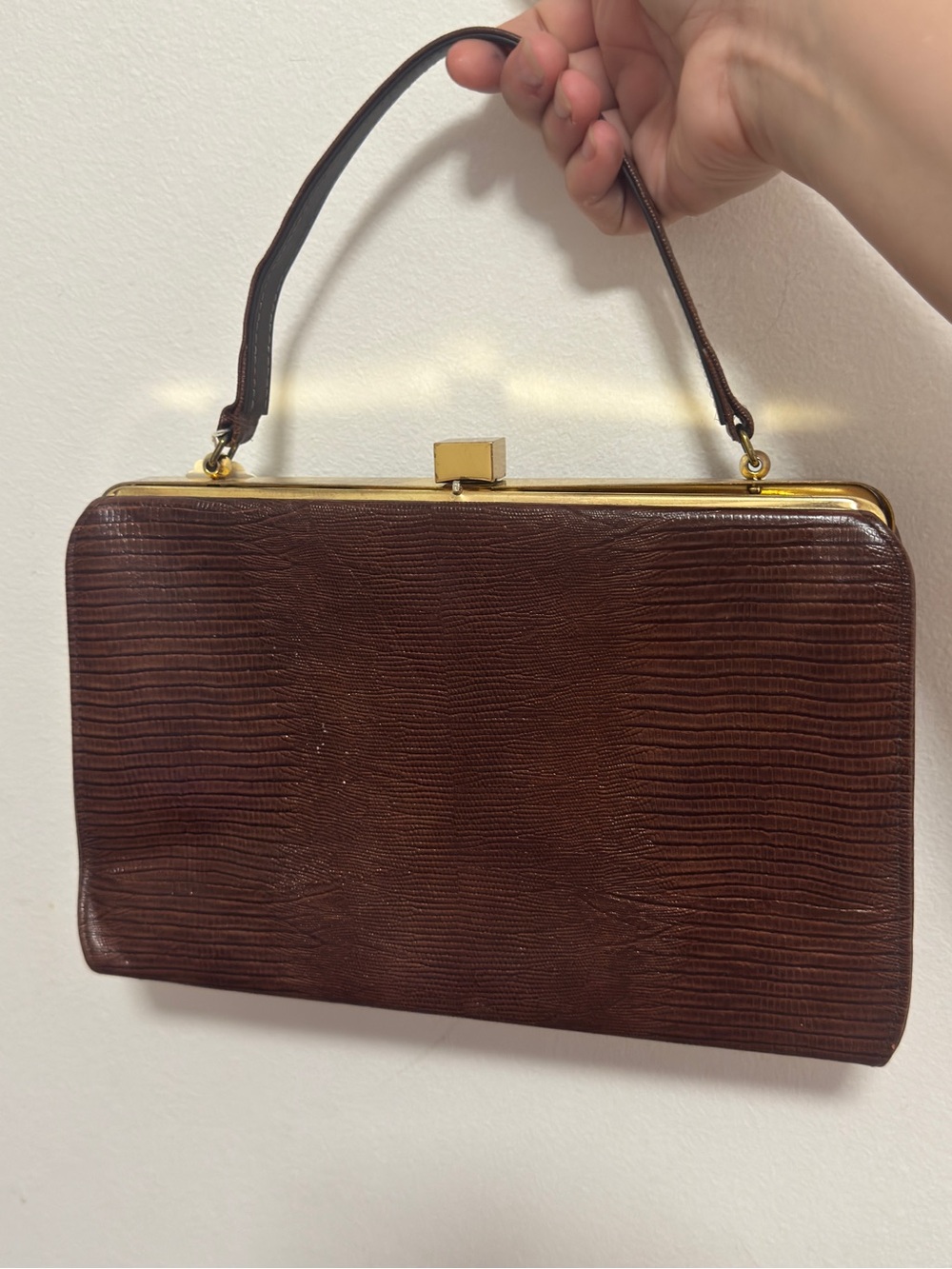 Vintage Brown Lizard Embossed Structured Top Handle Frame Handbag Gold Tone - Picture 12 of 16